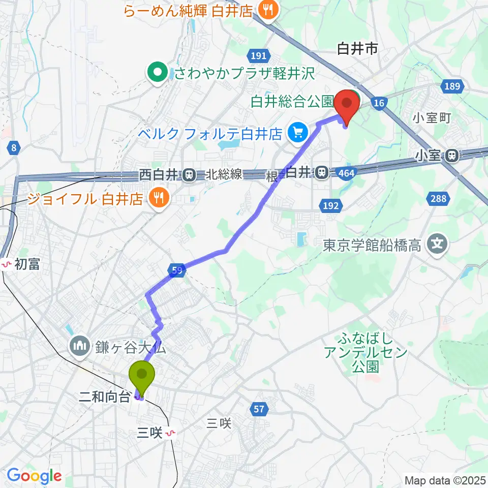 二和向台駅から白井市文化会館へのルートマップ地図