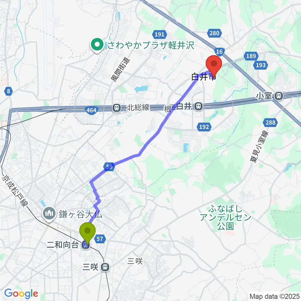 二和向台駅から白井市文化会館へのルートマップ地図