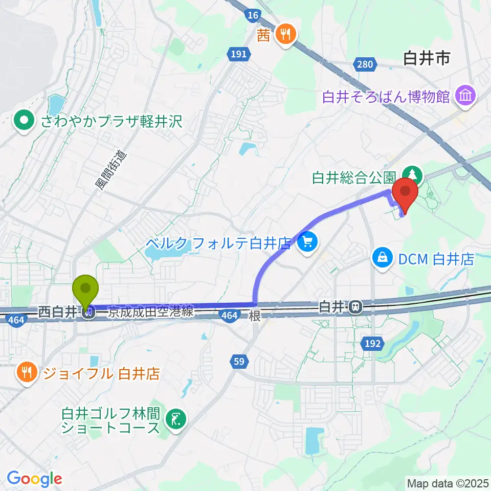 西白井駅から白井市文化会館へのルートマップ地図