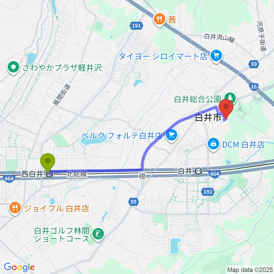 西白井駅から白井市文化会館へのルートマップ地図