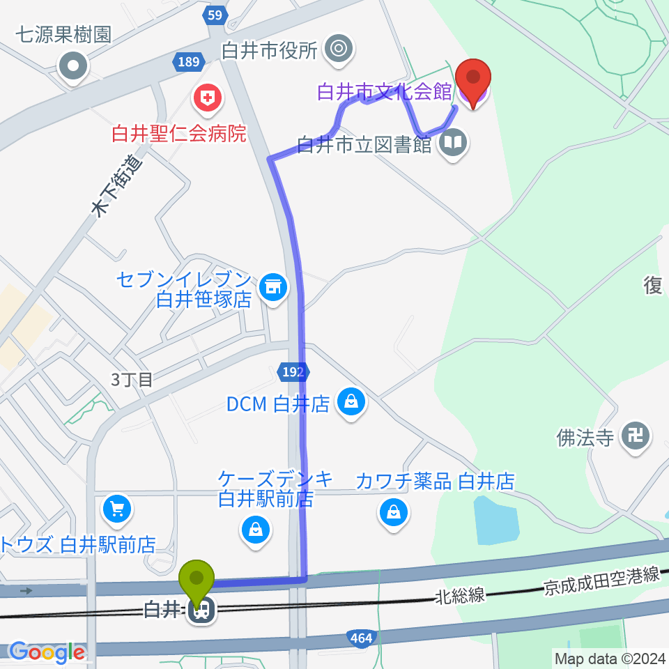 白井市文化会館の最寄駅白井駅からの徒歩ルート（約13分）地図