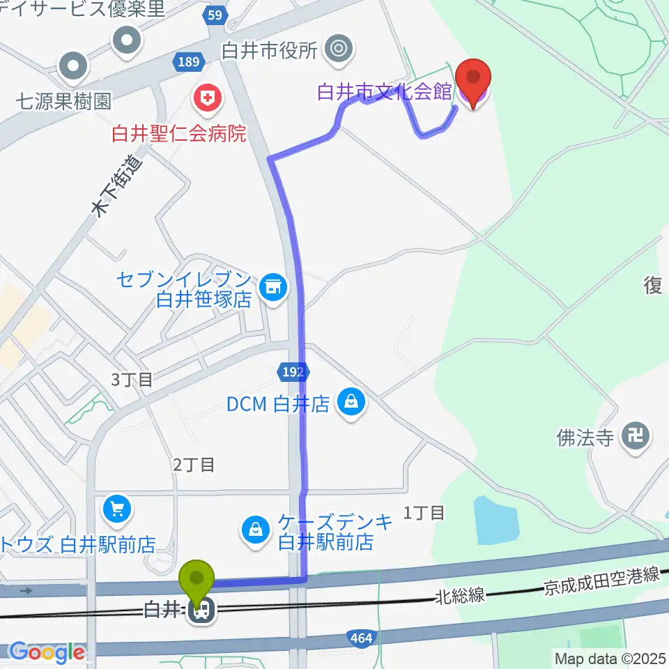 白井市文化会館の最寄駅白井駅からの徒歩ルート（約13分）地図