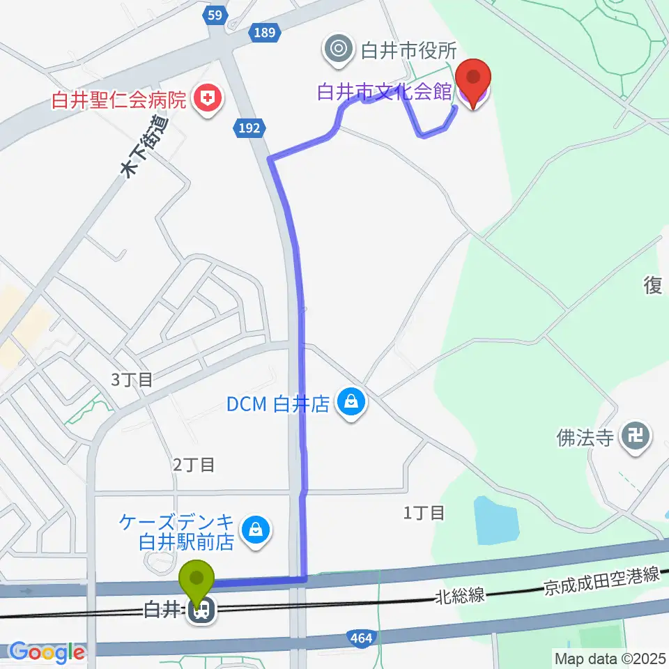 白井市文化会館の最寄駅白井駅からの徒歩ルート（約13分）地図