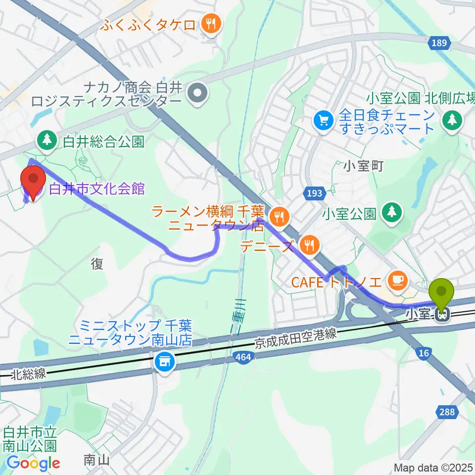 小室駅から白井市文化会館へのルートマップ地図