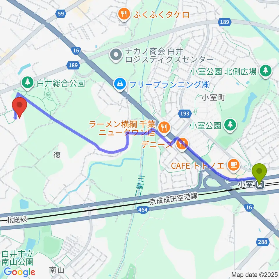 小室駅から白井市文化会館へのルートマップ地図