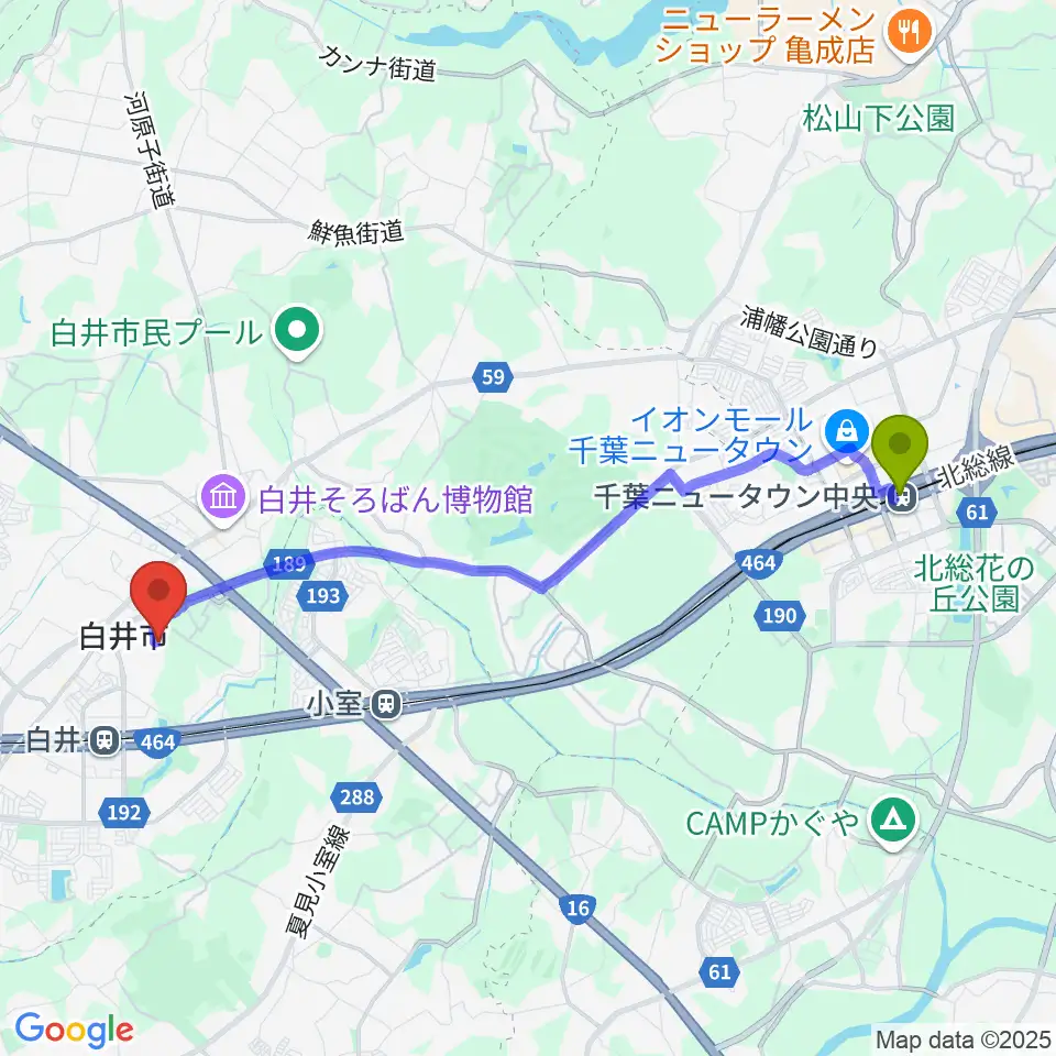 千葉ニュータウン中央駅から白井市文化会館へのルートマップ地図