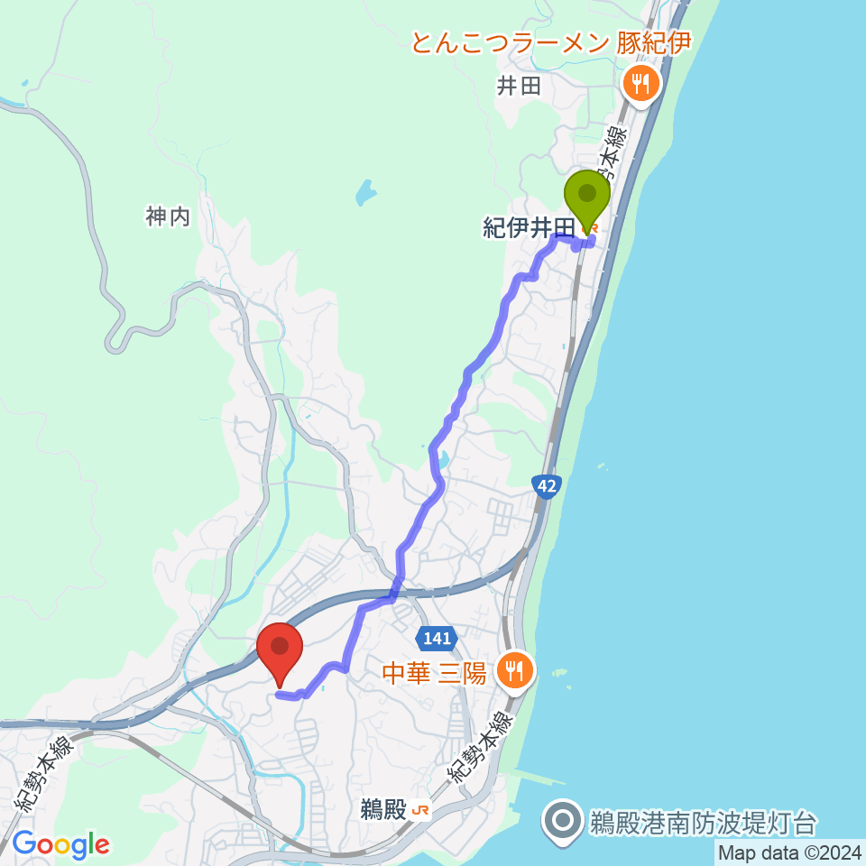 紀伊井田駅から紀宝町生涯学習センター まなびの郷へのルートマップ地図