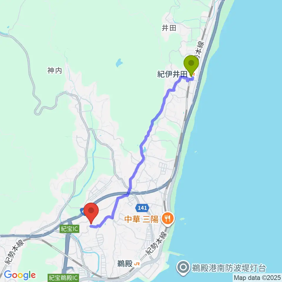紀伊井田駅から紀宝町生涯学習センター まなびの郷へのルートマップ地図