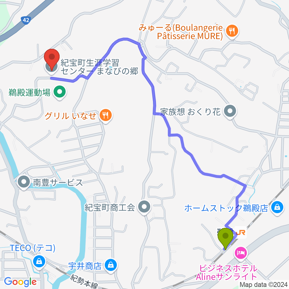 紀宝町生涯学習センター まなびの郷の最寄駅鵜殿駅からの徒歩ルート（約14分）地図