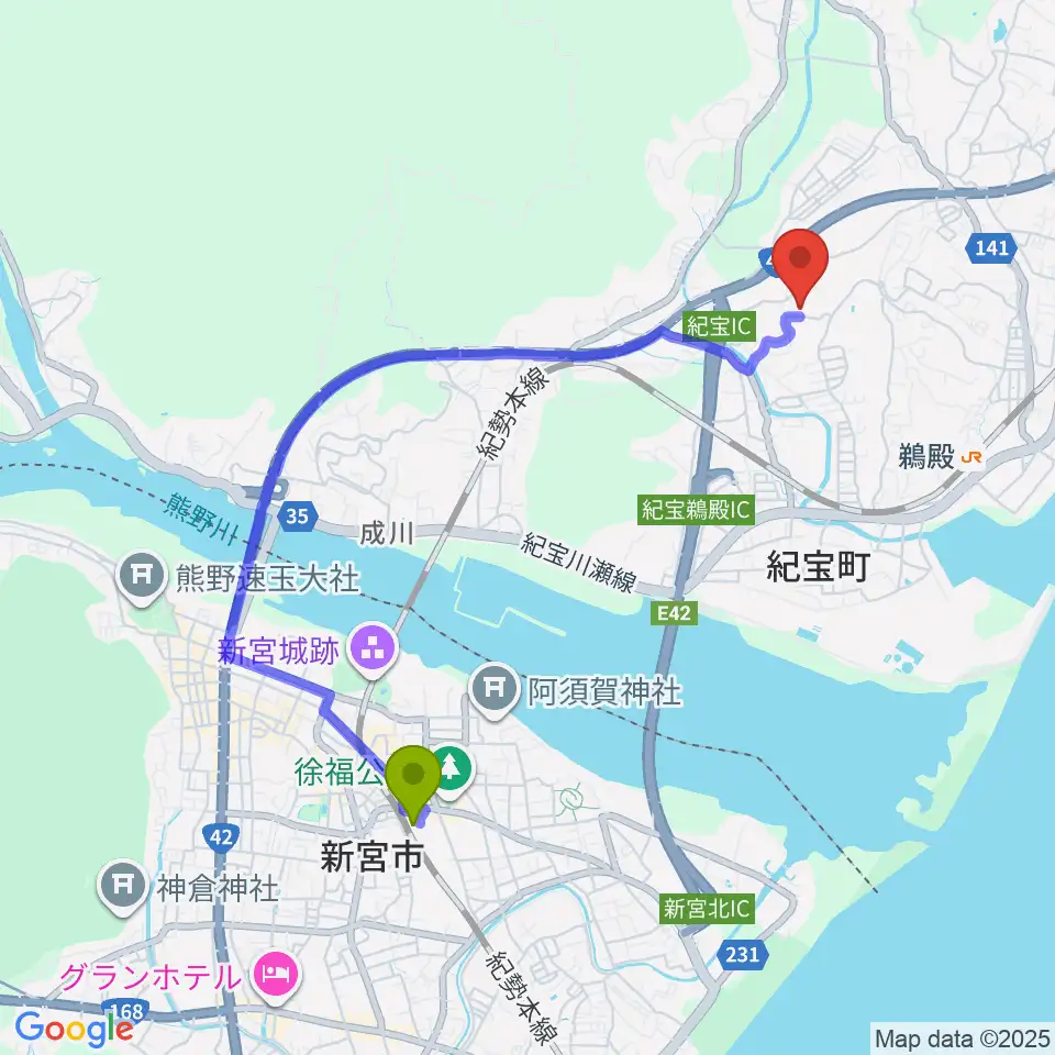 新宮駅から紀宝町生涯学習センター まなびの郷へのルートマップ地図