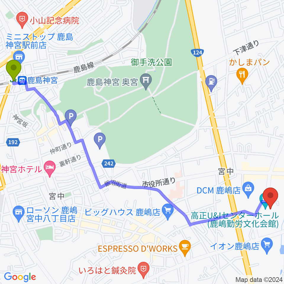 高正U&Iセンターホールの最寄駅鹿島神宮駅からの徒歩ルート（約31分）地図