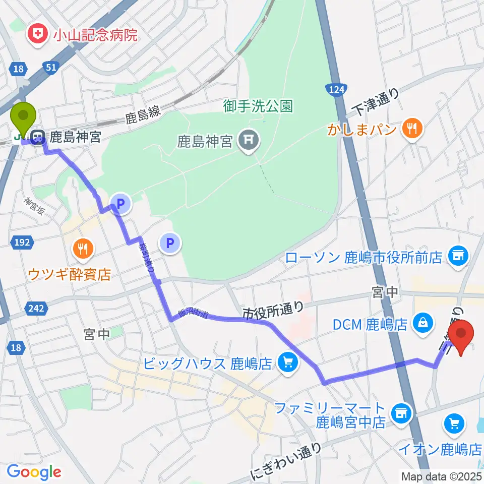高正U&Iセンターホールの最寄駅鹿島神宮駅からの徒歩ルート（約31分）地図