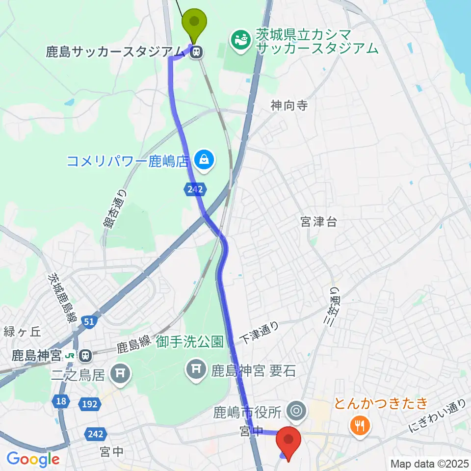 鹿島サッカースタジアム駅から高正U&Iセンターホールへのルートマップ地図
