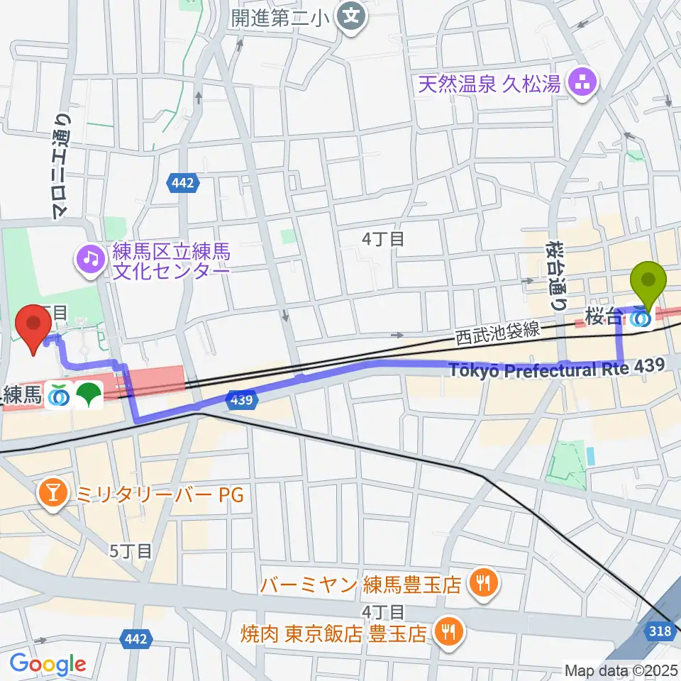 桜台駅から練馬区立区民・産業プラザ Coconeriホールへのルートマップ地図