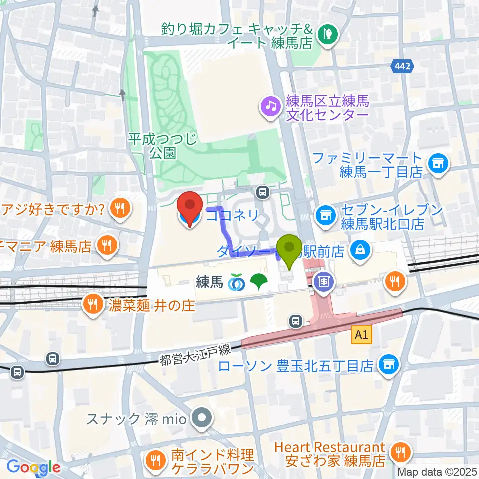 練馬区立区民・産業プラザ Coconeriホールの最寄駅練馬駅からの徒歩ルート（約2分）地図