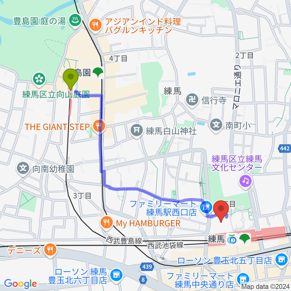 豊島園駅から練馬区立区民・産業プラザ Coconeriホールへのルートマップ地図