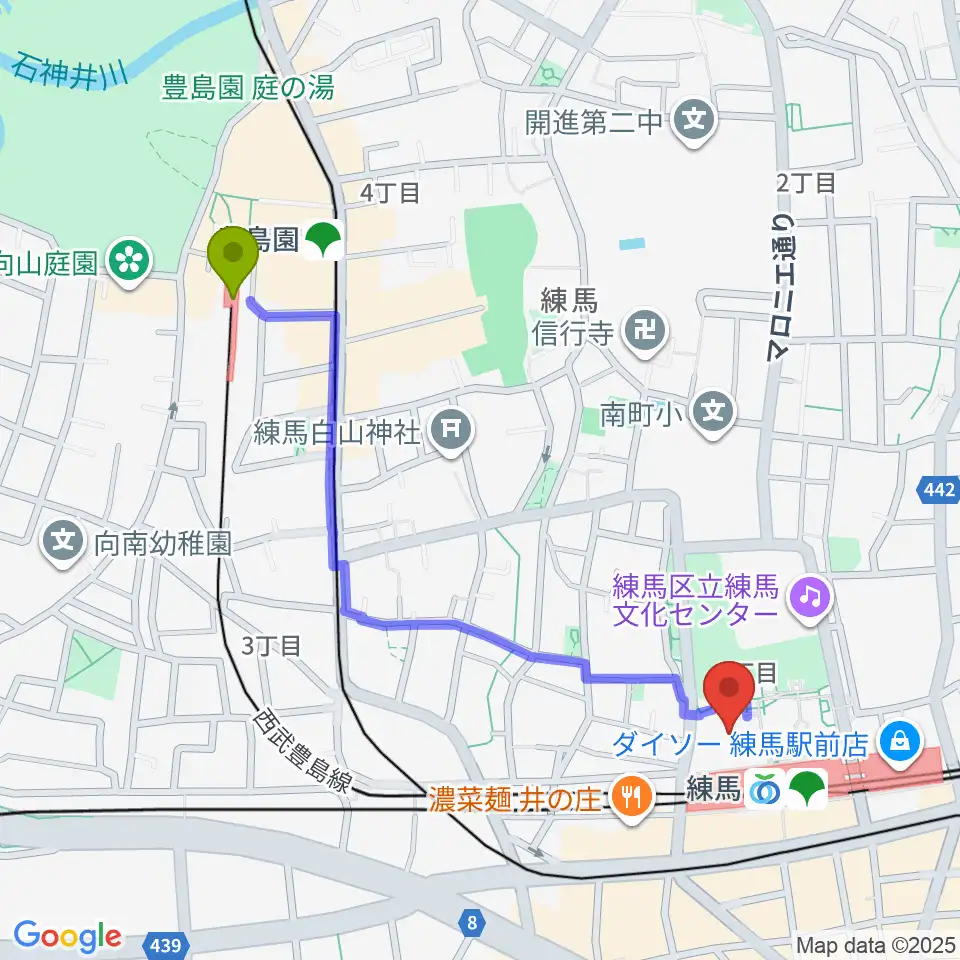 豊島園駅から練馬区立区民・産業プラザ Coconeriホールへのルートマップ地図