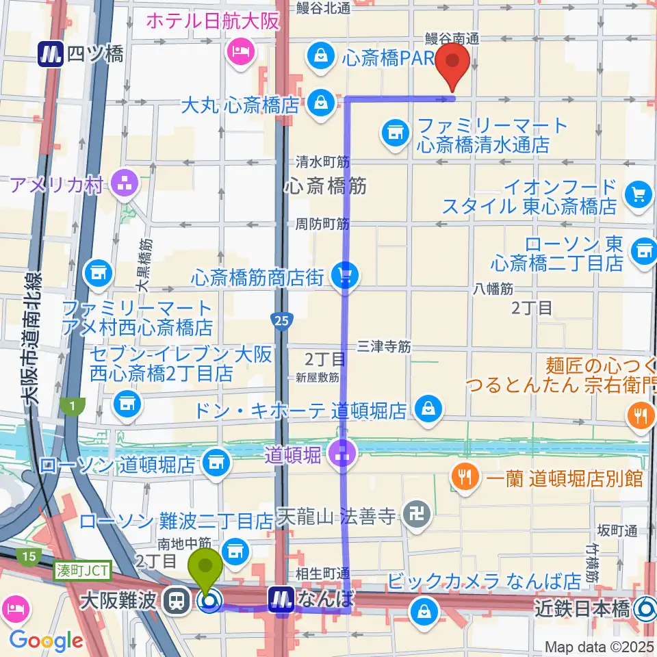 大阪難波駅から心斎橋FootRock&BEERSへのルートマップ地図