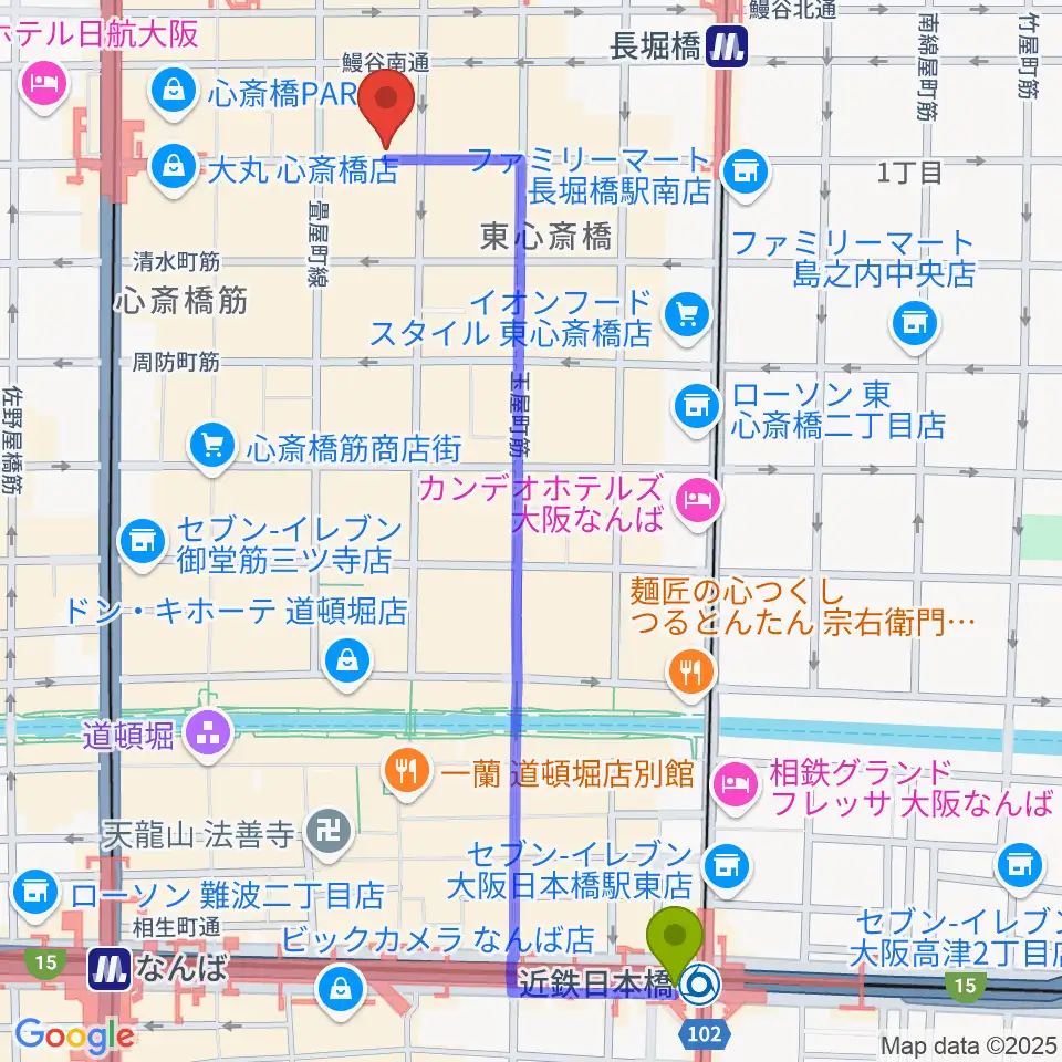 近鉄日本橋駅から心斎橋FootRock&BEERSへのルートマップ地図