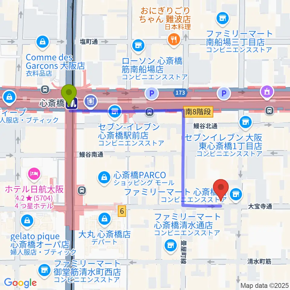 心斎橋FootRock&BEERSの最寄駅心斎橋駅からの徒歩ルート（約5分）地図