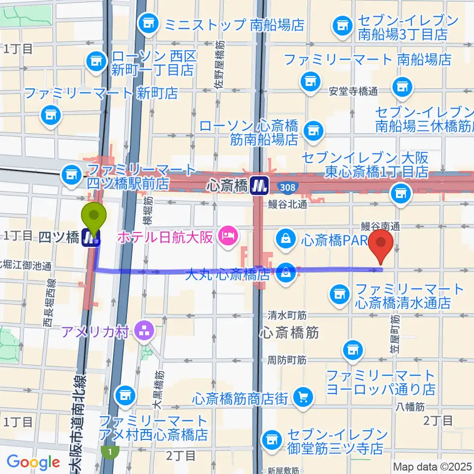 四ツ橋駅から心斎橋FootRock&BEERSへのルートマップ地図