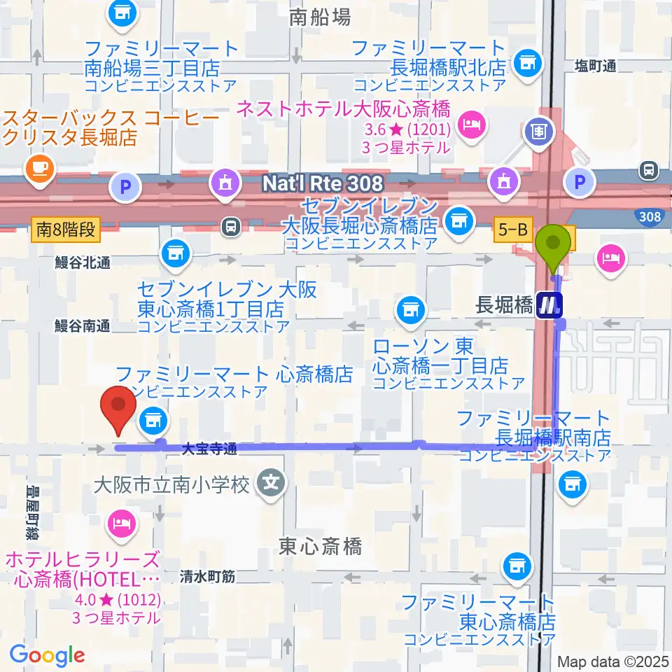 長堀橋駅から心斎橋FootRock&BEERSへのルートマップ地図