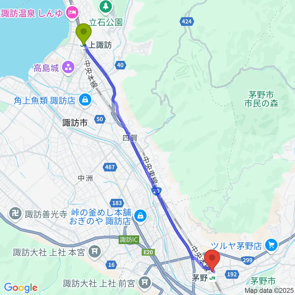 上諏訪駅から茅野市民館へのルートマップ地図