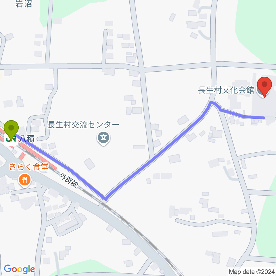 長生村文化会館の最寄駅八積駅からの徒歩ルート（約7分）地図