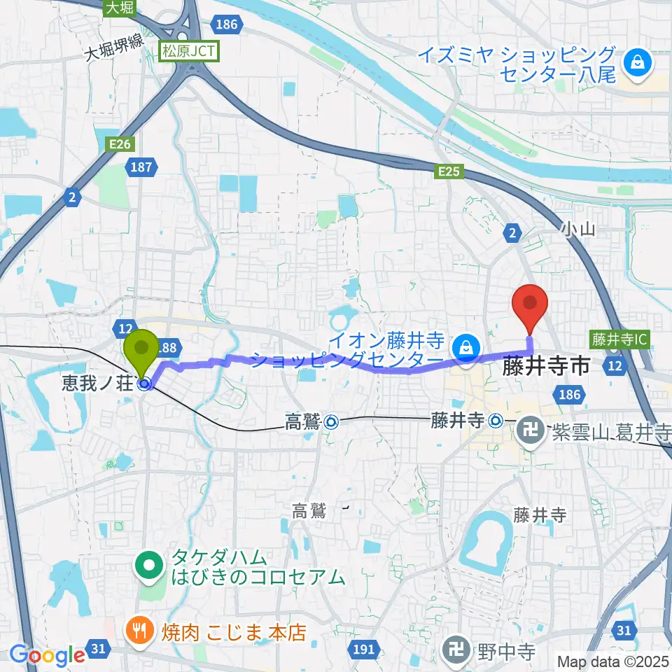 恵我ノ荘駅から藤井寺市立市民総合会館パープルホールへのルートマップ地図