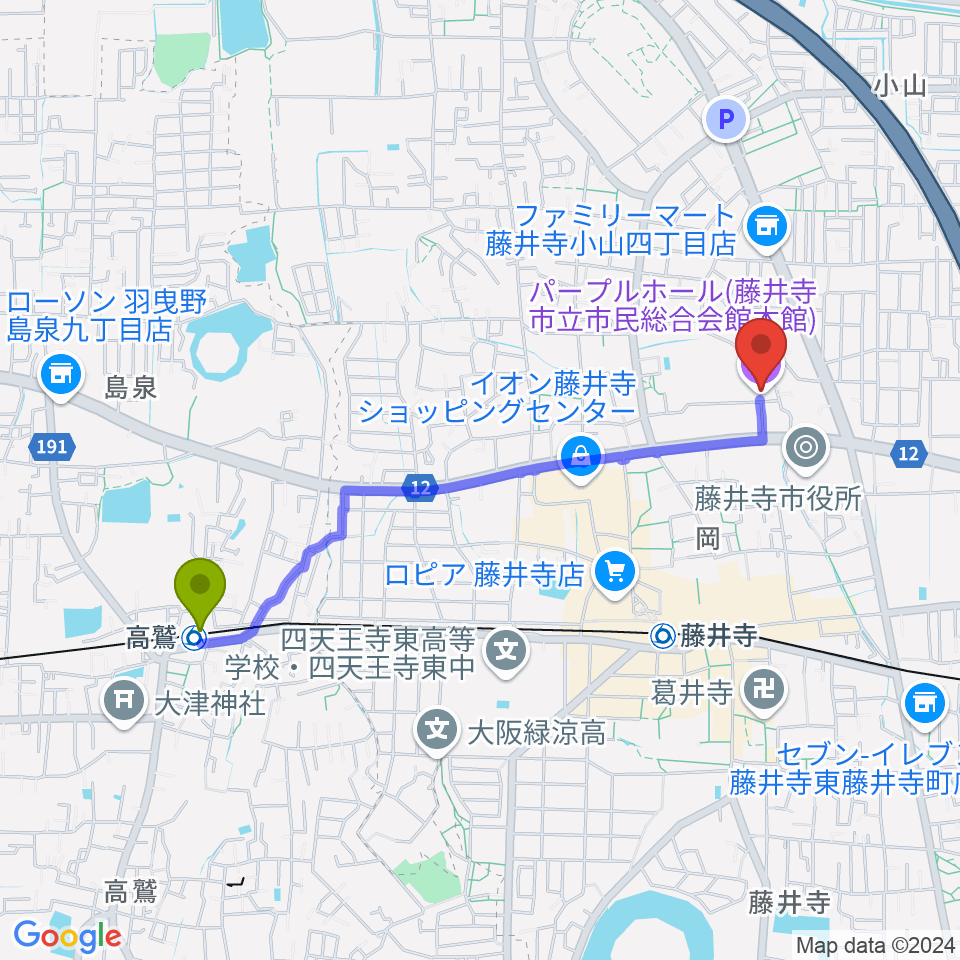 高鷲駅から藤井寺市立市民総合会館パープルホールへのルートマップ地図