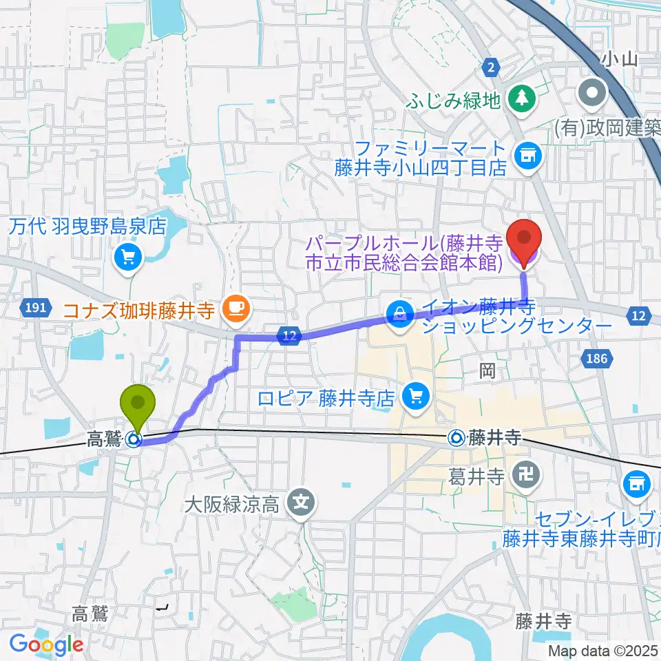 高鷲駅から藤井寺市立市民総合会館パープルホールへのルートマップ地図