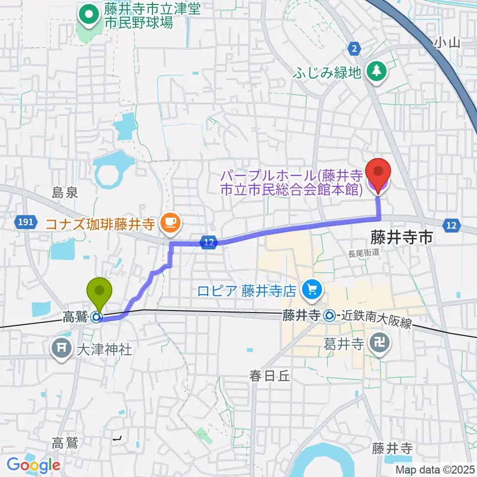 高鷲駅から藤井寺市立市民総合会館パープルホールへのルートマップ地図