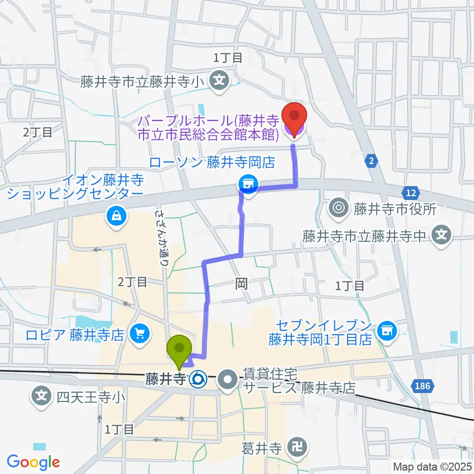 藤井寺市立市民総合会館パープルホールの最寄駅藤井寺駅からの徒歩ルート（約9分）地図