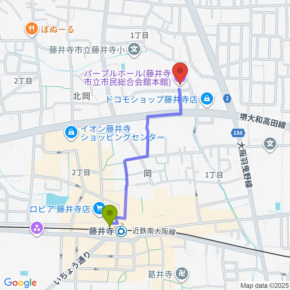 藤井寺市立市民総合会館パープルホールの最寄駅藤井寺駅からの徒歩ルート（約9分）地図