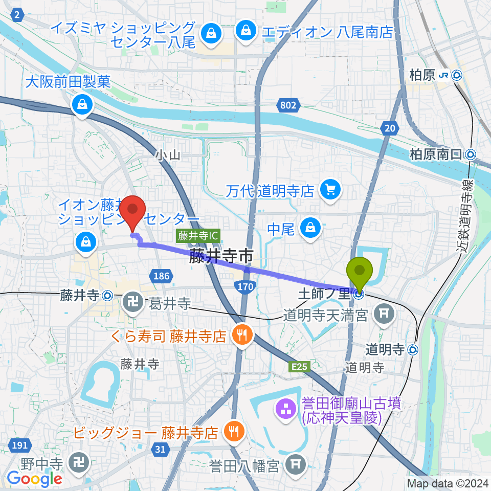 土師ノ里駅から藤井寺市立市民総合会館パープルホールへのルートマップ地図