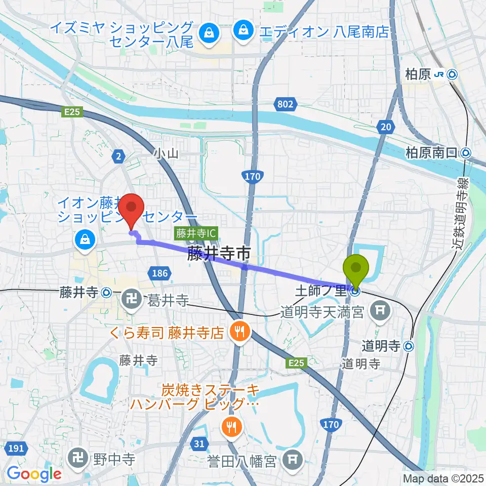 土師ノ里駅から藤井寺市立市民総合会館パープルホールへのルートマップ地図