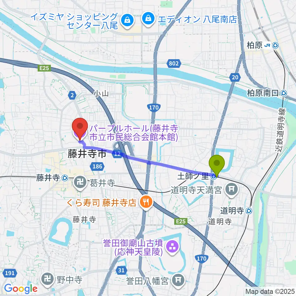 土師ノ里駅から藤井寺市立市民総合会館パープルホールへのルートマップ地図