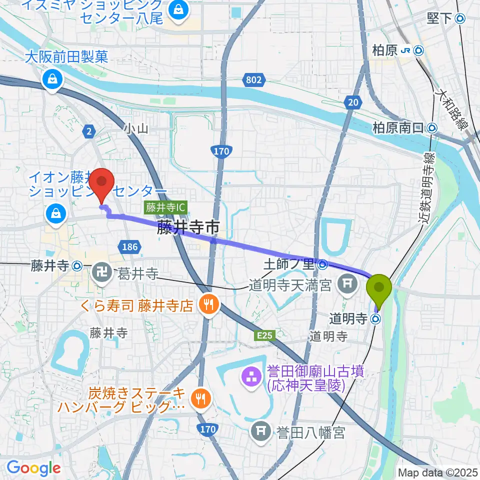 道明寺駅から藤井寺市立市民総合会館パープルホールへのルートマップ地図