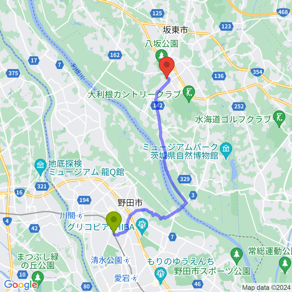 七光台駅から坂東市民音楽ホール ベルフォーレへのルートマップ Mdata