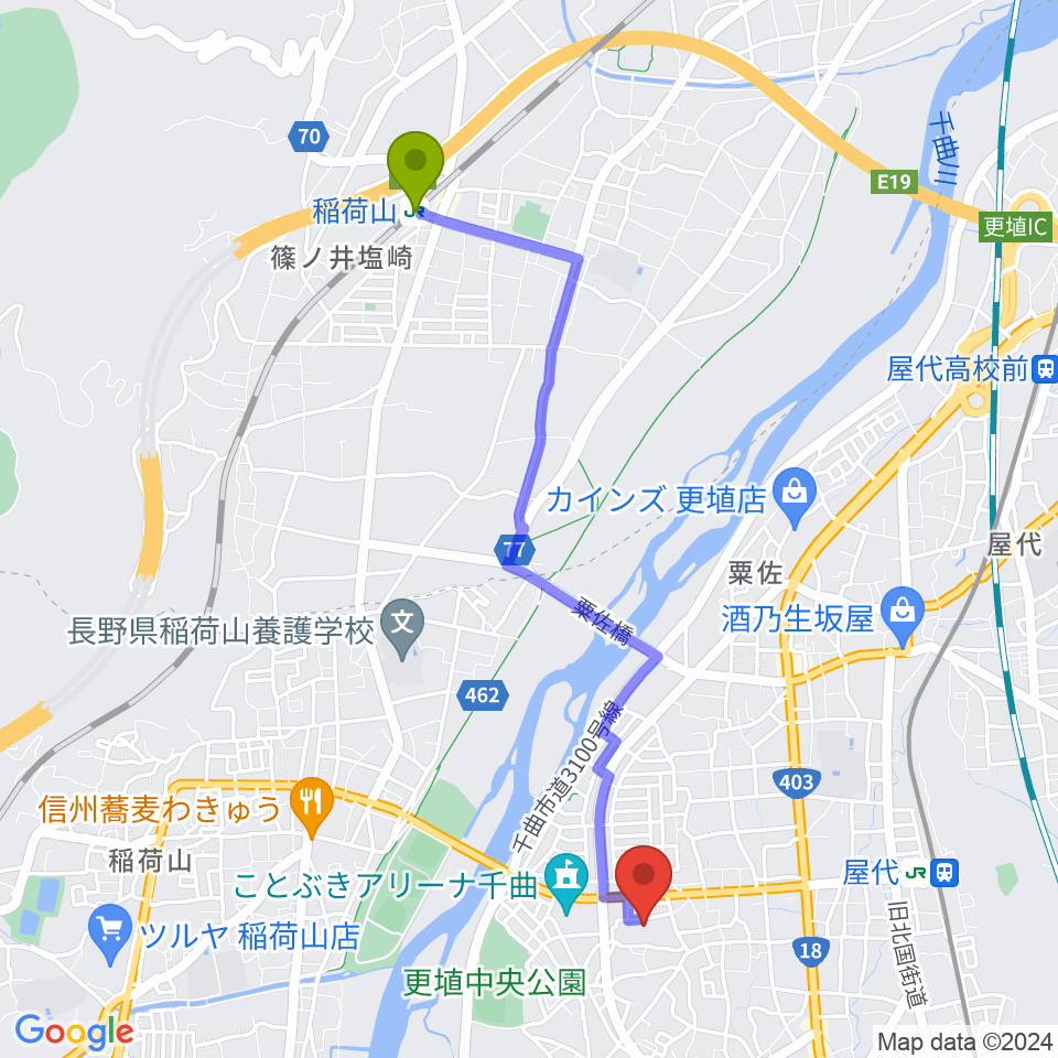 稲荷山駅から信州の幸あんずホールへのルートマップ地図