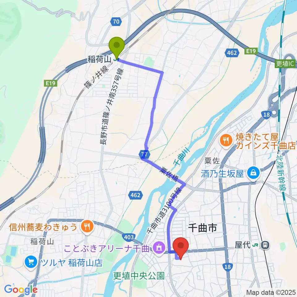 稲荷山駅から信州の幸あんずホールへのルートマップ地図