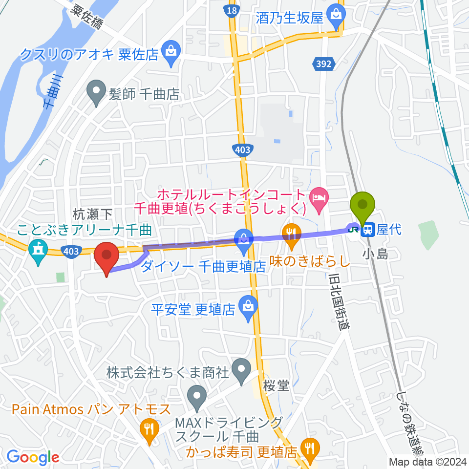 信州の幸あんずホールの最寄駅屋代駅からの徒歩ルート（約17分）地図