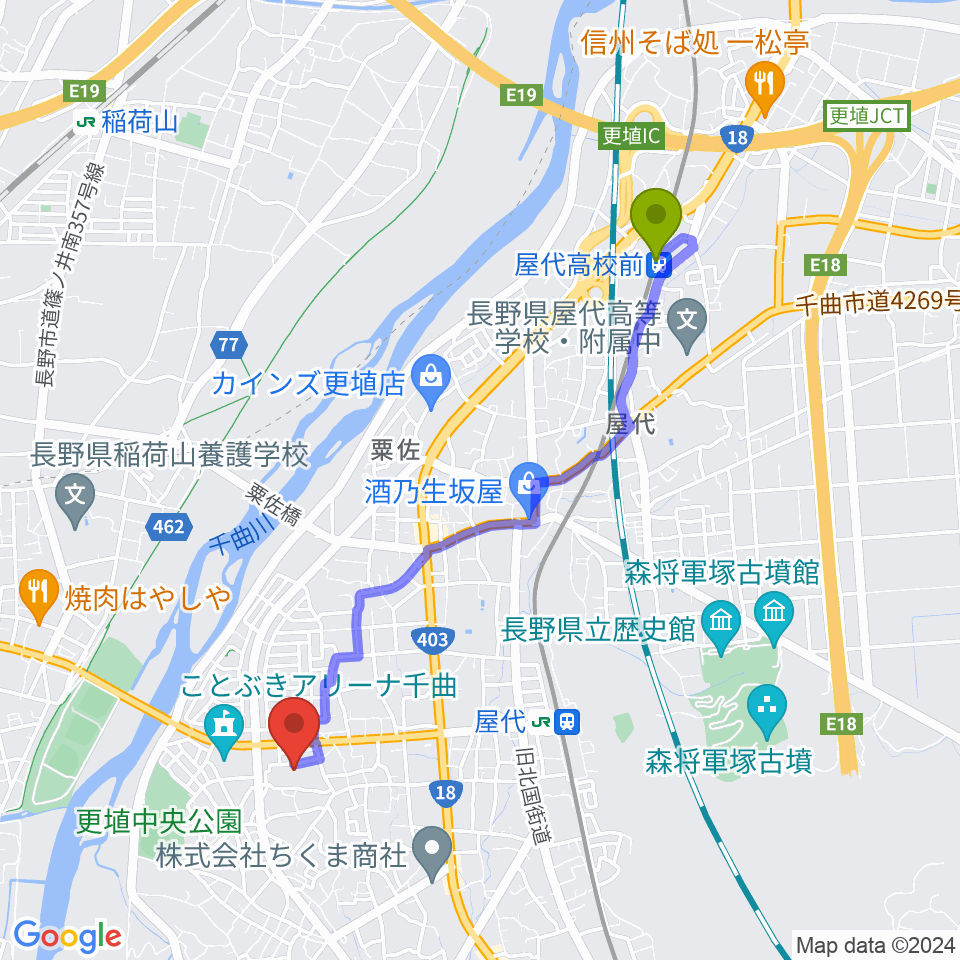 屋代高校前駅から信州の幸あんずホールへのルートマップ地図