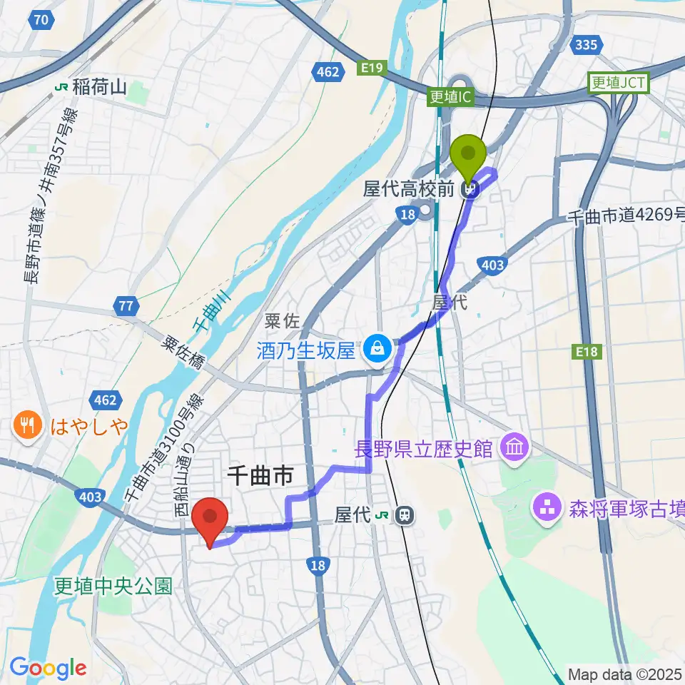 屋代高校前駅から信州の幸あんずホールへのルートマップ地図