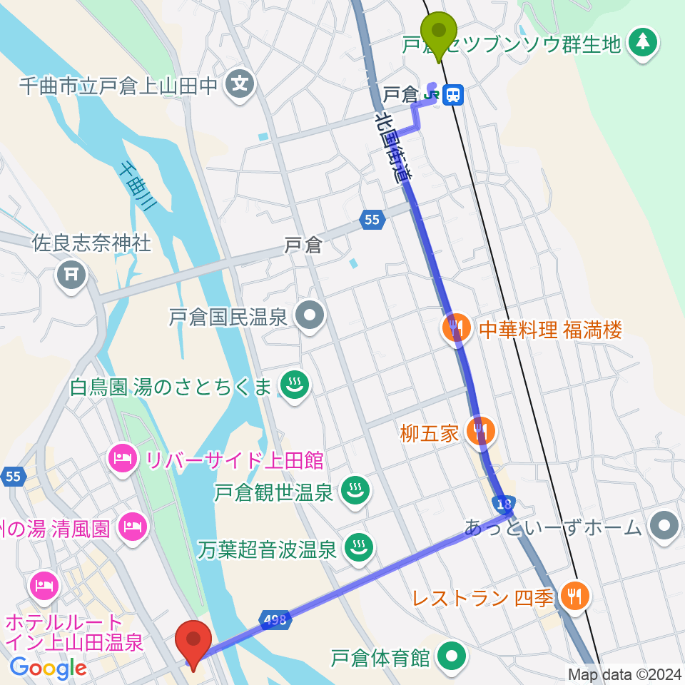 上山田文化会館の最寄駅戸倉駅からの徒歩ルート（約29分）地図