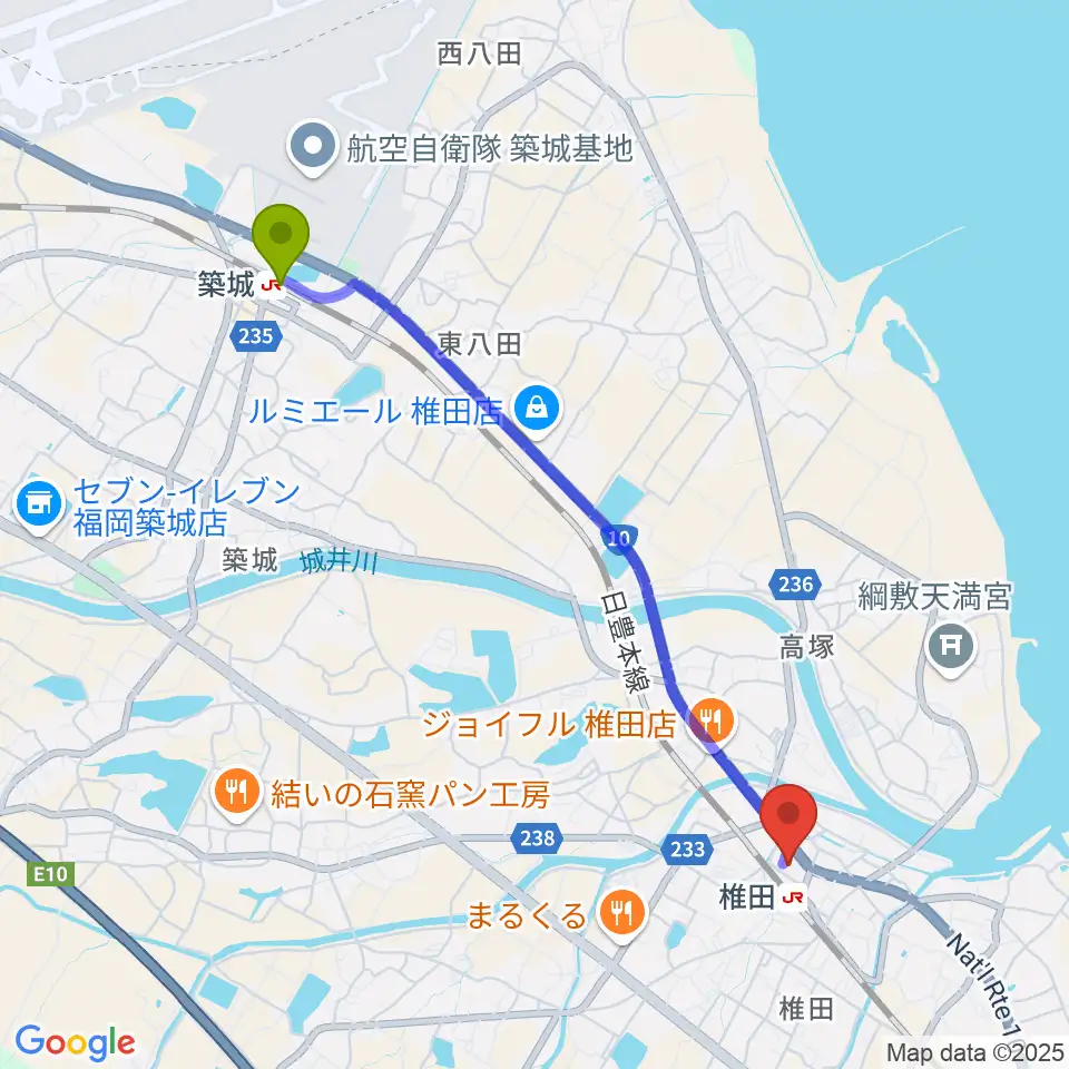 築城駅から築上町文化会館コマーレへのルートマップ地図