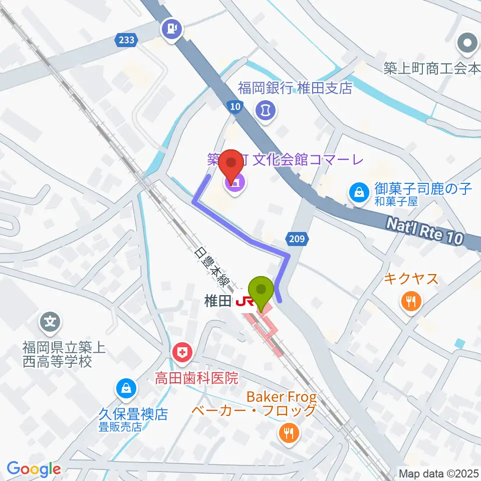 築上町文化会館コマーレの最寄駅椎田駅からの徒歩ルート（約2分）地図