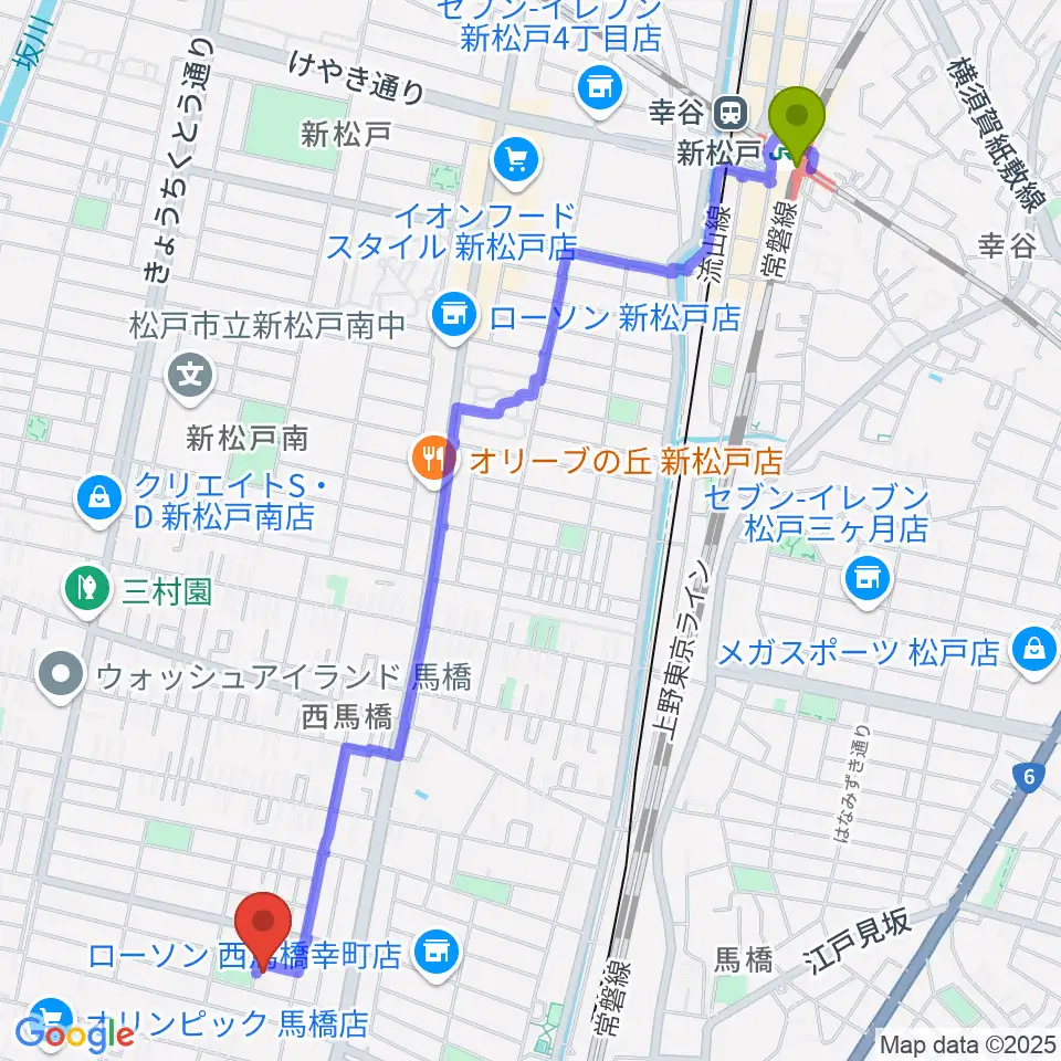 新松戸駅からゆいゆね 箏(琴)・十七絃・三味線音楽教室へのルートマップ地図