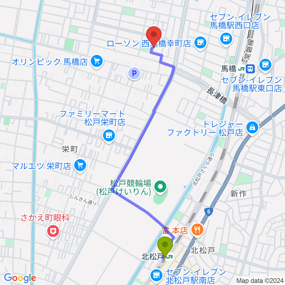 北松戸駅からゆいゆね 箏(琴)・十七絃・三味線音楽教室へのルートマップ地図