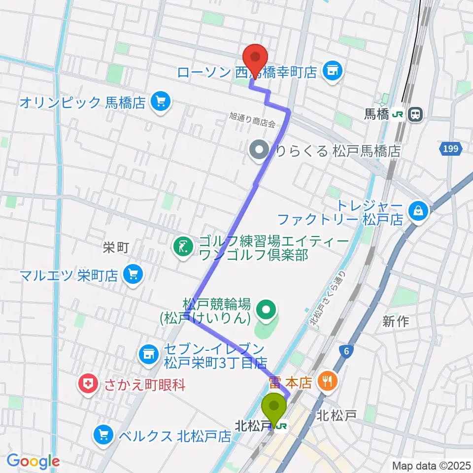 北松戸駅からゆいゆね 箏(琴)・十七絃・三味線音楽教室へのルートマップ地図